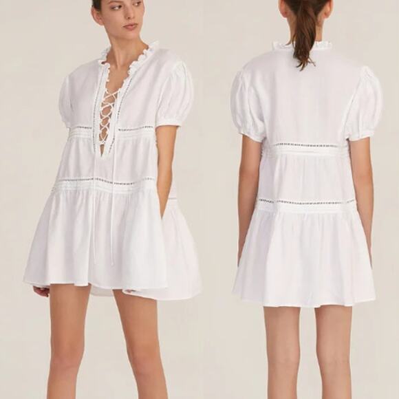 Marissa Webb Quincy 100% Linen Puff Sleeve Tie-Front Mini Dress White Women's M - Picture 1 of 6